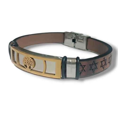Brown Leather Bracelet, Stars of David - Center Plaque with Gold Tree of Life