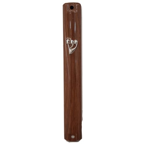 Brown Wood Look Plastic Mezuzah Case with Silver Shin