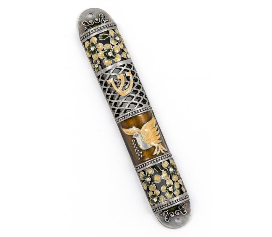 Brown and Gold Enamel Rounded Mezuzah Case - Dove of Peace
