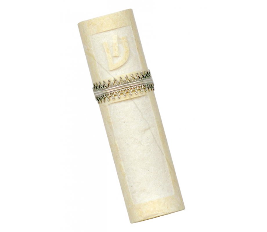 Caesarea Arts Jerusalem Stone Mezuzah Case Antique Design Silver Band