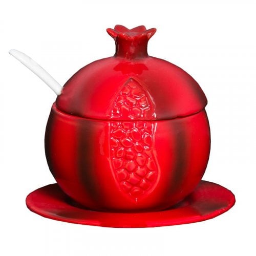 Ceramic 4-piece Pomegranate Honey Dish with Lid, Spoon and Plate - Ruby Red