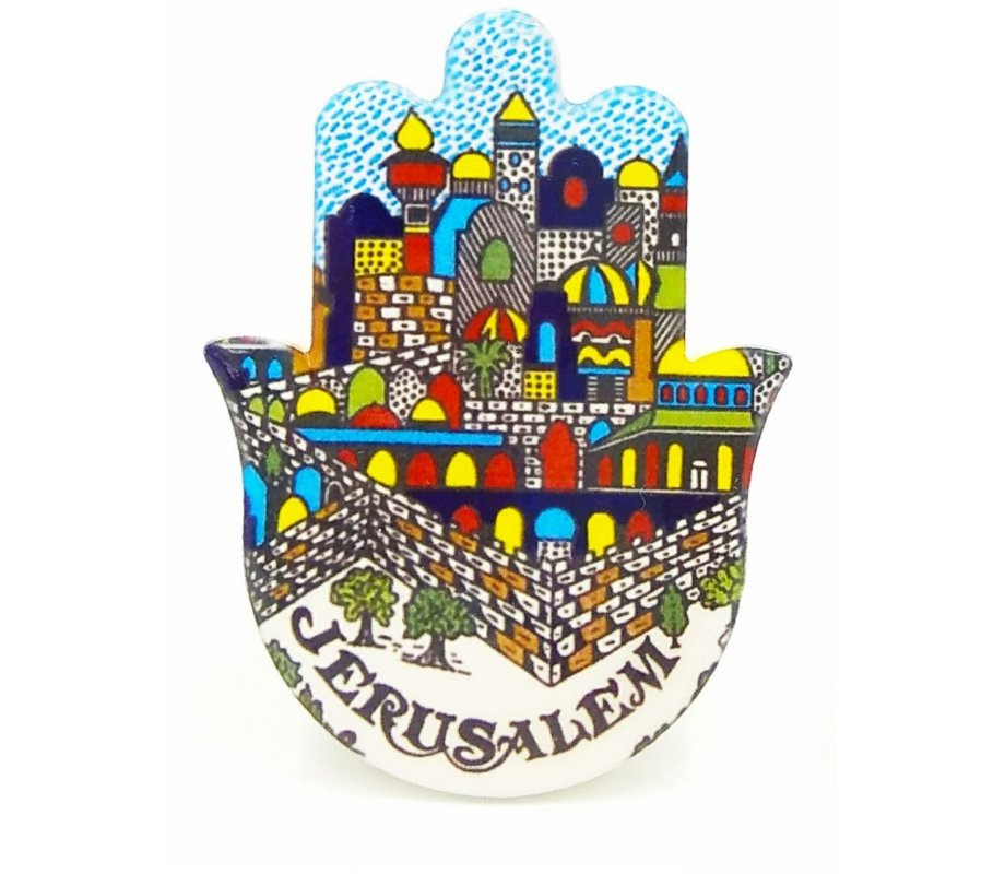 Ceramic Hamsa Magnet - Images of Jerusalem in Armenian Art Style