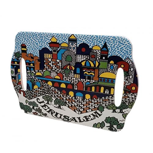 Ceramic Serving Tray with Jerusalem View in Colorful Armenian Art Style