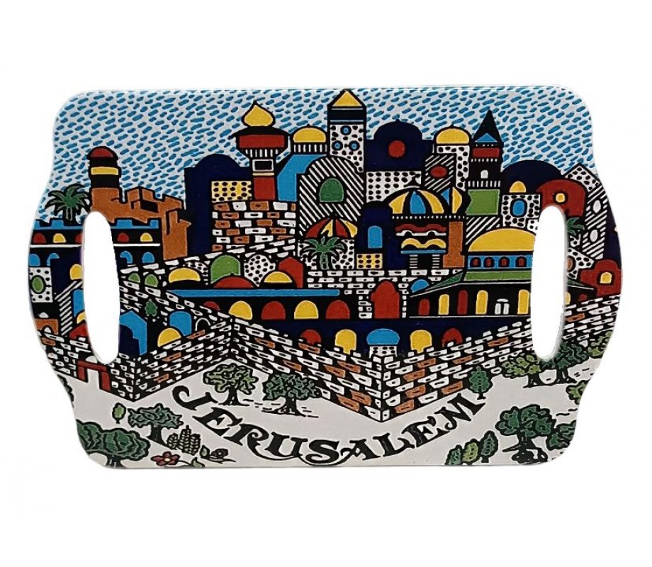 Ceramic Serving Tray with Jerusalem View in Colorful Armenian Art Style