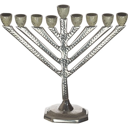 Chabad Lubavitch Chanukah Menorah, Silver and Gray Hammered Aluminum - 11.6