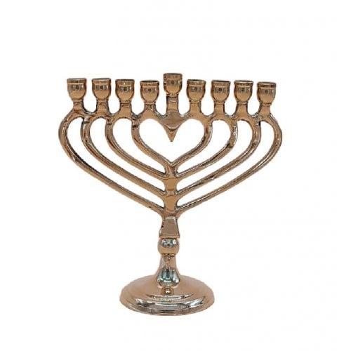 Chanukah Menorah, Gold Metal with a Heart Shape - 7.4 Inches Height