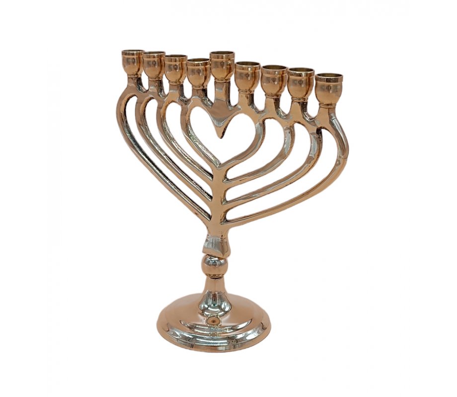 Chanukah Menorah, Gold Metal with a Heart Shape - 7.4 Inches Height