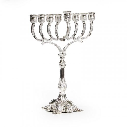 Chanukah Menorah, Silver Plated with Engraved Branches, Stem and Base – 11.4