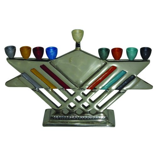 Chanukah Menorah with Colorful Star of David - Hammered Aluminum