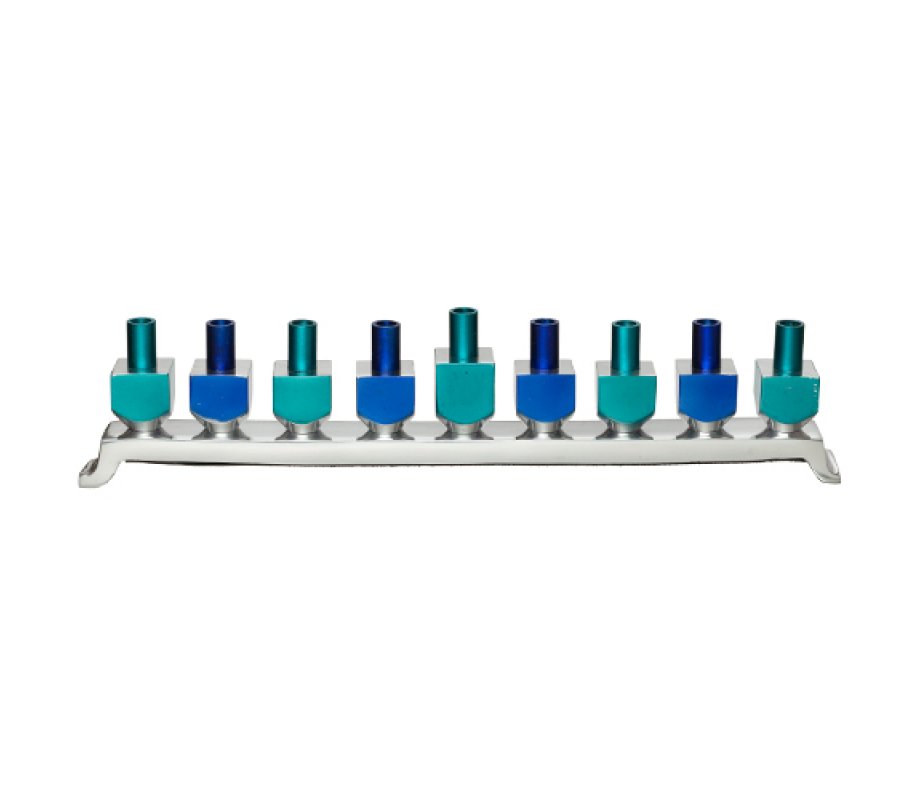 Chanukah Menorah with Dreidel Design Candle Holders - Shades of Blue