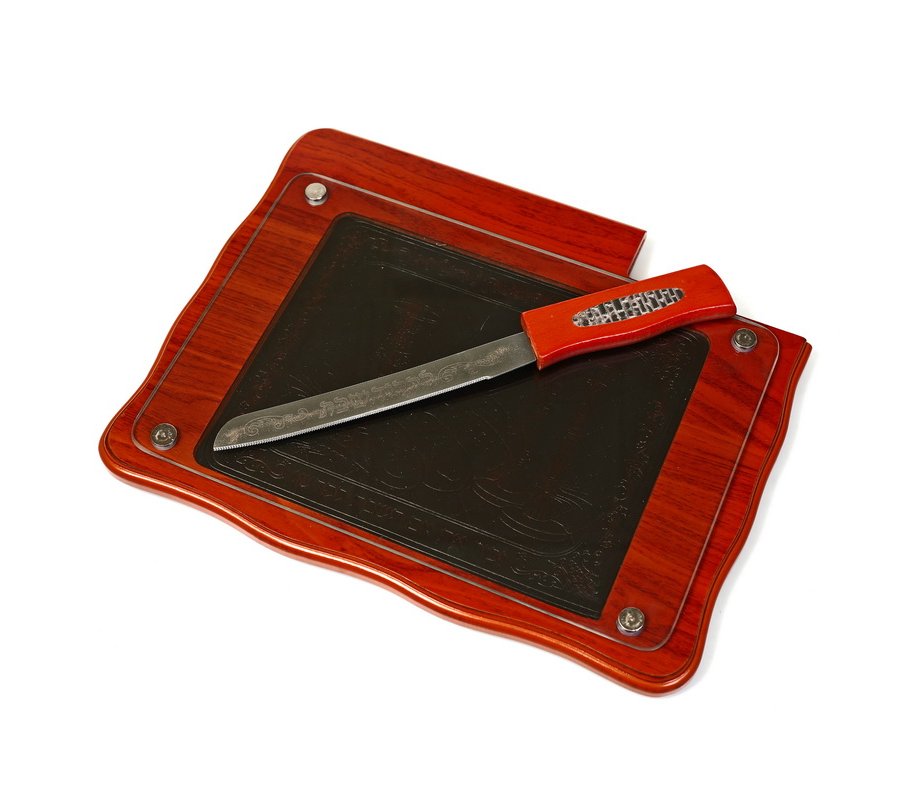 Cherry Wood and Leather Challah Board with Knife