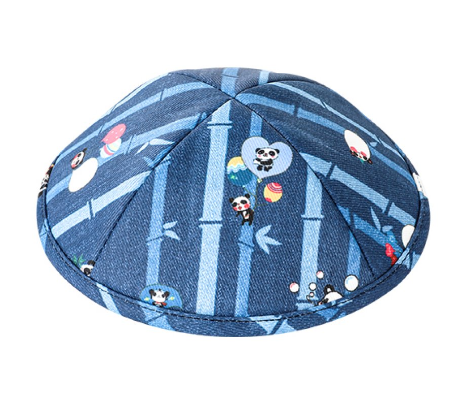 Children's Blue Panda and Bamboo Design Flat Cloth Kippah