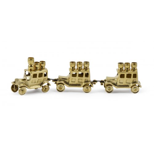 Child's Chanukah Menorah, Cars with Candle Holders on Roof, Brass 10 Inches