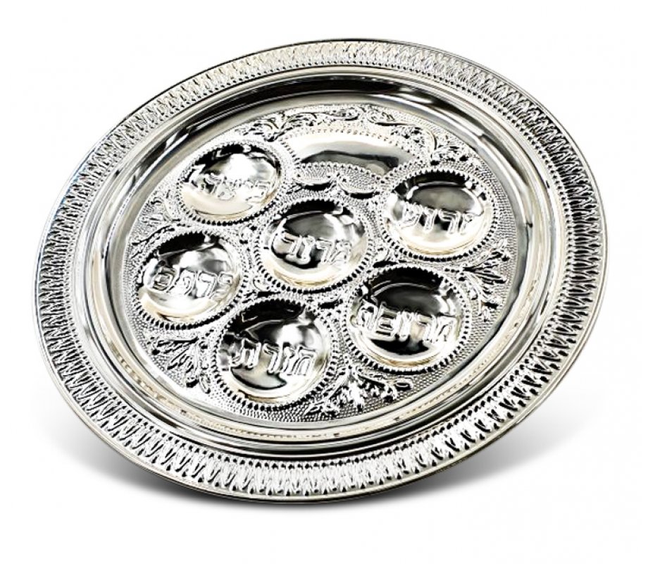 Circular Silver Plated Decorative Seder Plate – Ornate Rim