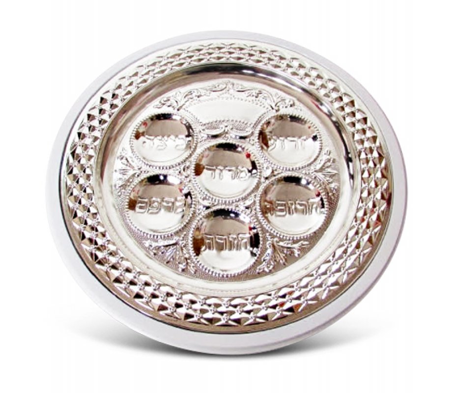 Circular Silver Plated Seder Plate with White Wood Base - Diamond Design Rim