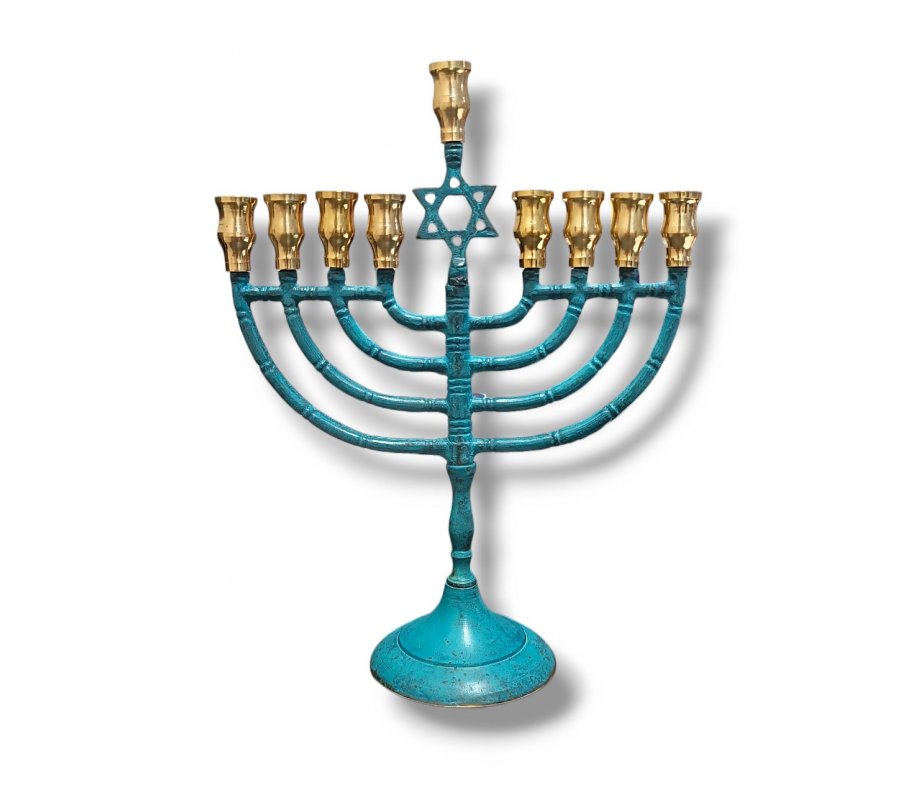 Classic Patina Chanukah Menorah with Star of David, for Candles - 10 Inches