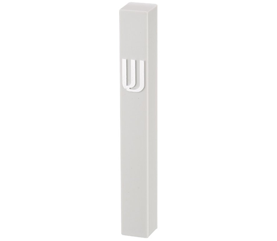 Classic White Plastic Mezuzah Case, Silver Shin - for Scroll of 12 cm Length
