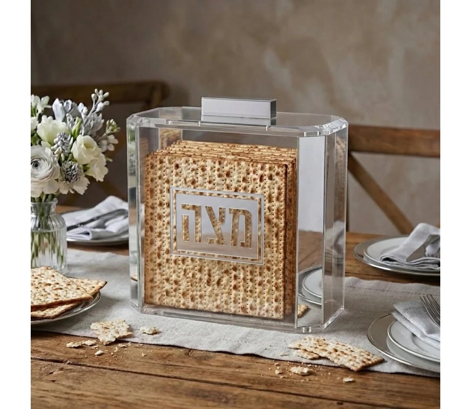 Clear Acrylic Passover Matzah Holder - With Silver Design and Mirror Edge