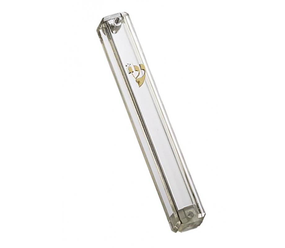 Clear Plastic Lucite Transparent Mezuzah Case, Gold Shin