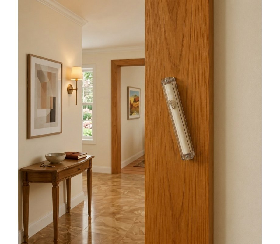 Clear Plastic Lucite Transparent Mezuzah Case, waterproof - Gold Shin