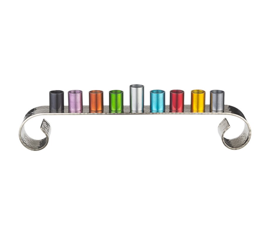 Colorful Aluminum Chanukah Menorah with Swirl Silver Base, for Oil