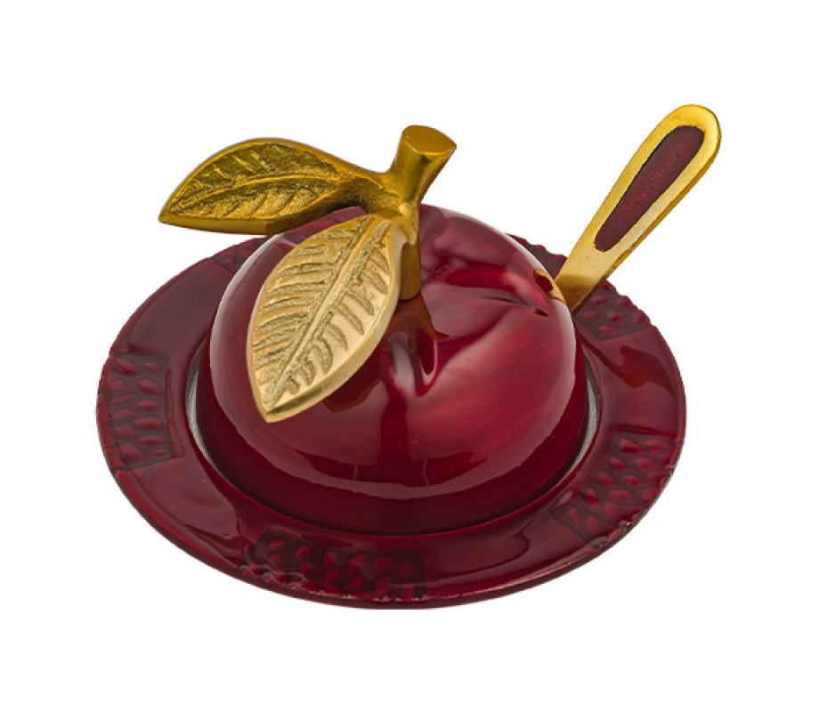 Colorful Apple Shaped Honey Dish with Lid and Spoon and Matching Plate