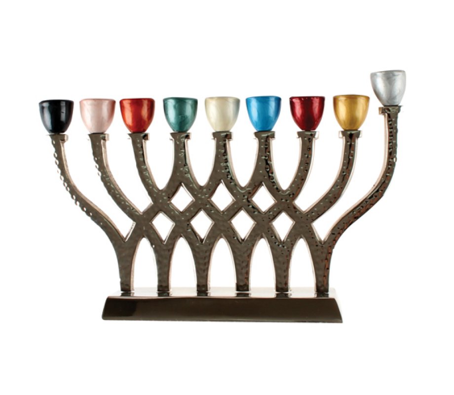 Colorful Cups on Hammered Aluminum Chanukah Menorah