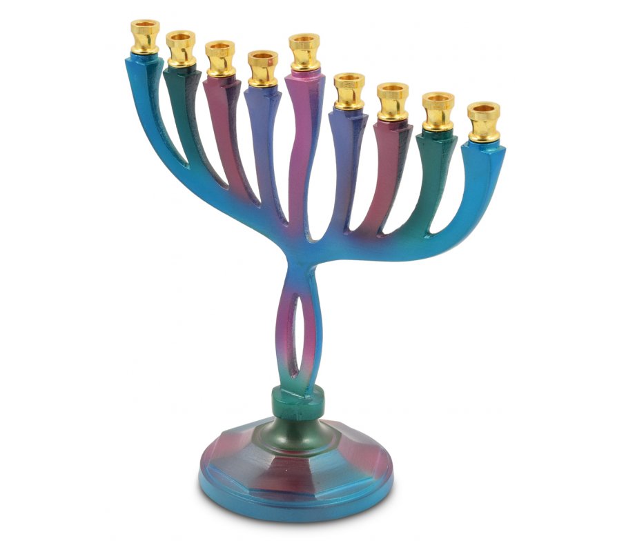 Colorful Curved Chanukah Menorah on Stem, Aluminum - For Candles