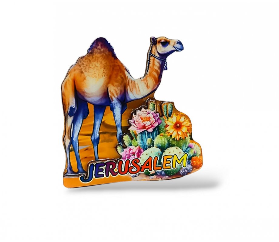 Colorful Cut Out Jerusalem Magnet, Wood and Epoxy – Desert Camel with Flowers