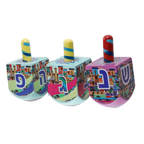 Colorful Wood Dreidel with Lively Colors - Nes Gadol Haya Poh