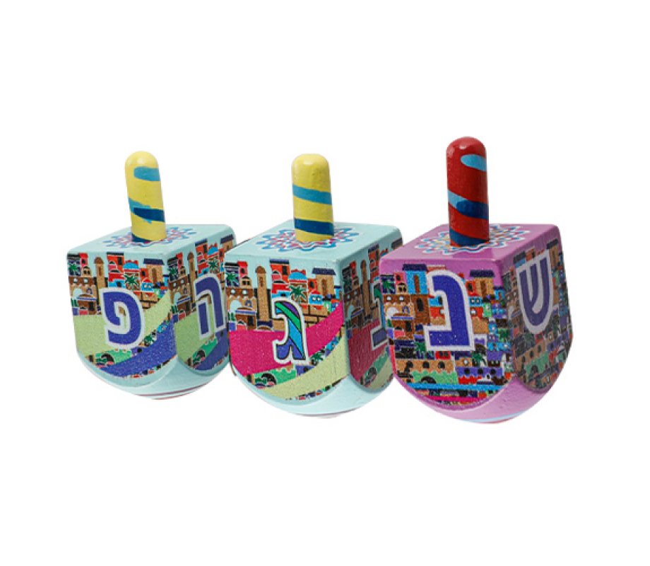 Colorful Wood Dreidel with Lively Colors - Nes Gadol Haya Poh