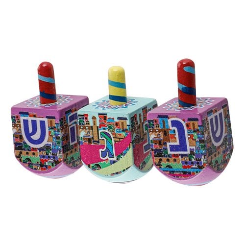 Colorful Wood Dreidel with Lively Colors - Nes Gadol Hayah Sham