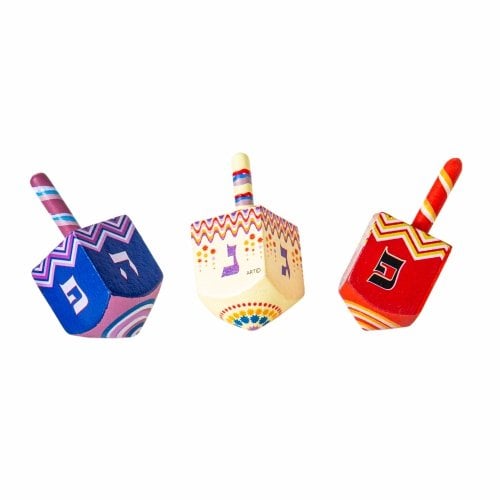 Colorful Wood Dreidel with Lively Design - Nes Gadol Haya Poh