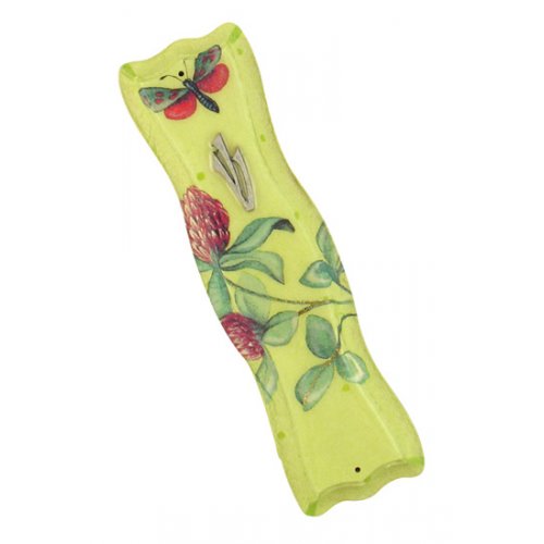 Colorful Wood Mezuzah Case, Flower and Butterfly - Golden Yellow