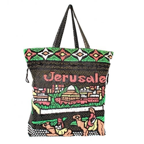 Colorfully Beaded Fabric Tote Bag with Jerusalem Design