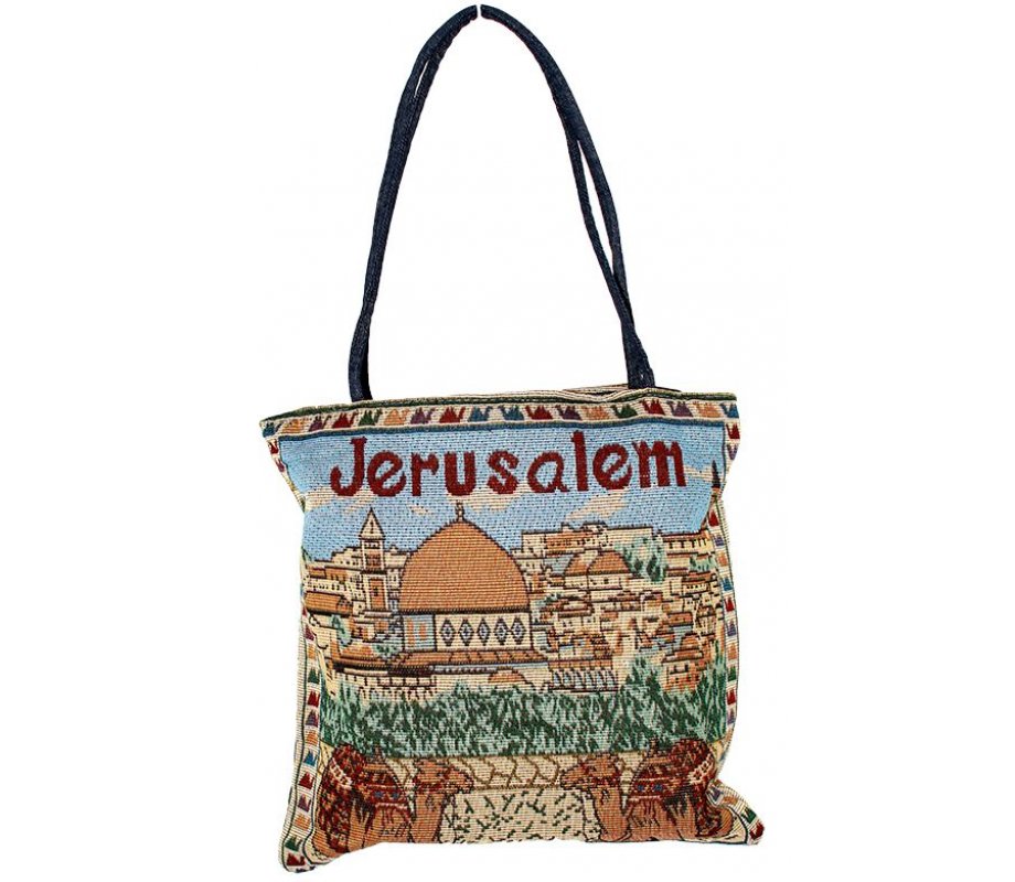 Colorfully Embroidered Tote Bag with Jerusalem Design, Zippered Fabric