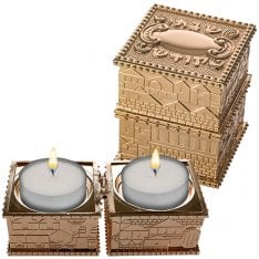 Compact Travel Candlesticks, Gold Color - Jerusalem Design Shabbat Kodesh Words