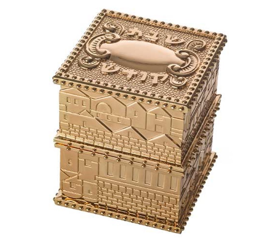 Compact Travel Candlesticks, Gold Color - Jerusalem Design Shabbat Kodesh Words