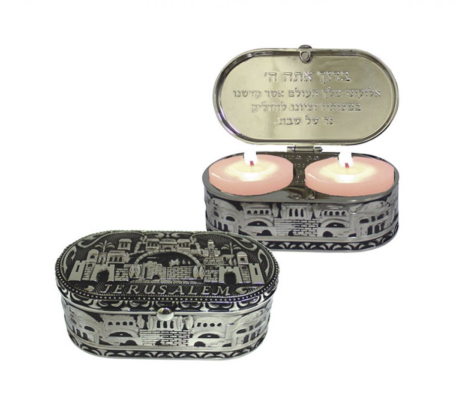 Compact Travel Candlesticks in Nickel Plated Oval Box - Jerusalem Design