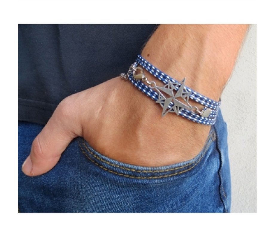Compass Design BlueWhite Rope Wrap Bracelet for Men
