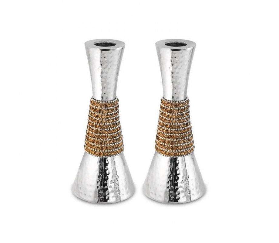 Cone Shaped Shabbat Candlesticks Hammered Aluminum – Silver and Gold Crystals