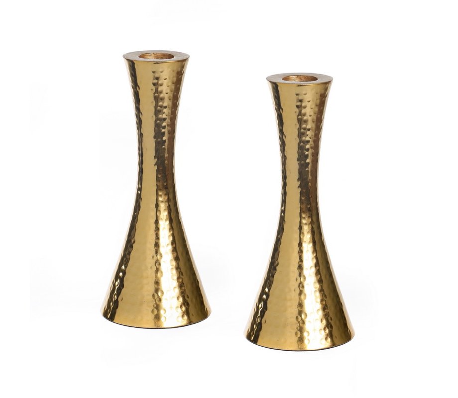 Cone Shaped Shabbat Candlesticks in Hammered Nickel Plated Aluminum – Gold