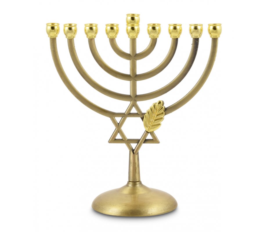 Copper Color Chanukah Menorah, Star of David and Leaf Design - 7 Inches
