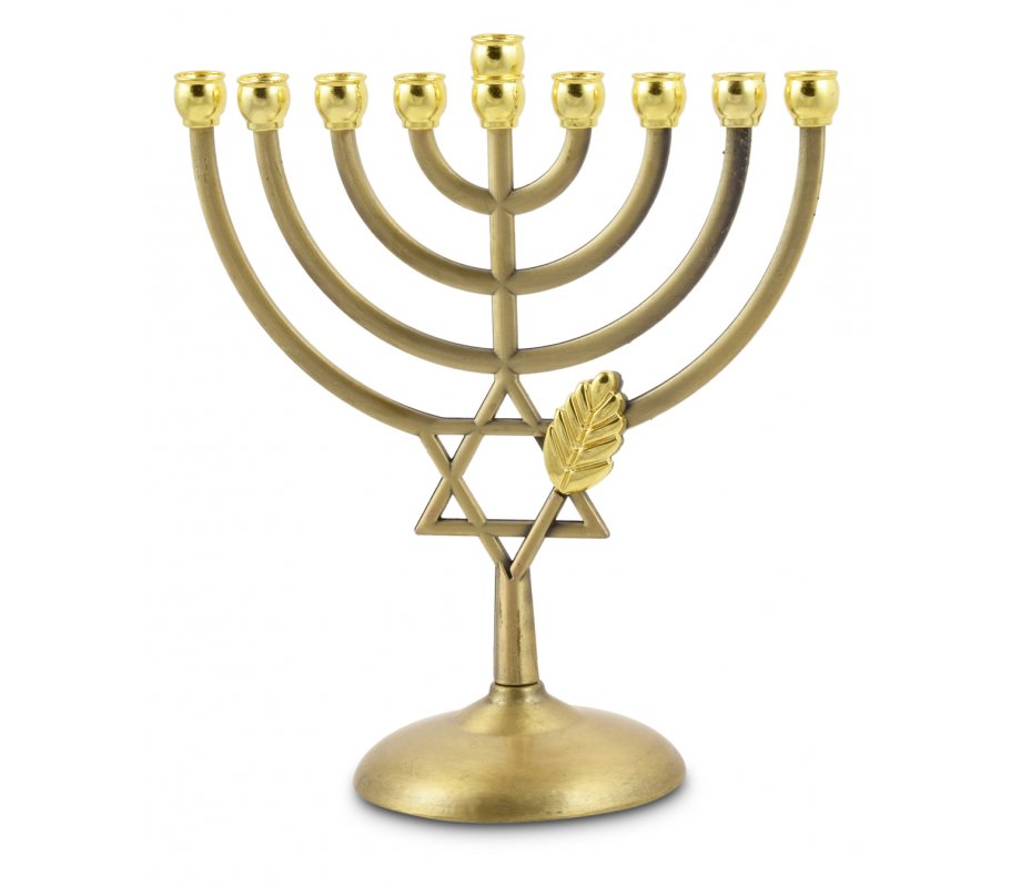 Copper Color Chanukah Menorah, Star of David and Leaf Design - 7 Inches