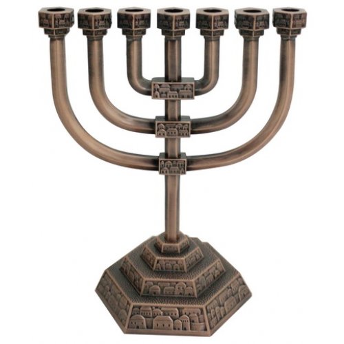Copper color 7 Branch Menorah with Jerusalem design