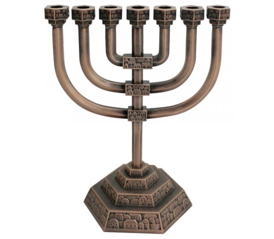Copper color 7 Branch Menorah with Jerusalem design
