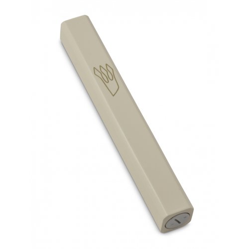 Cream Colored Wood Mezuzah Case with Gold Shin Outline