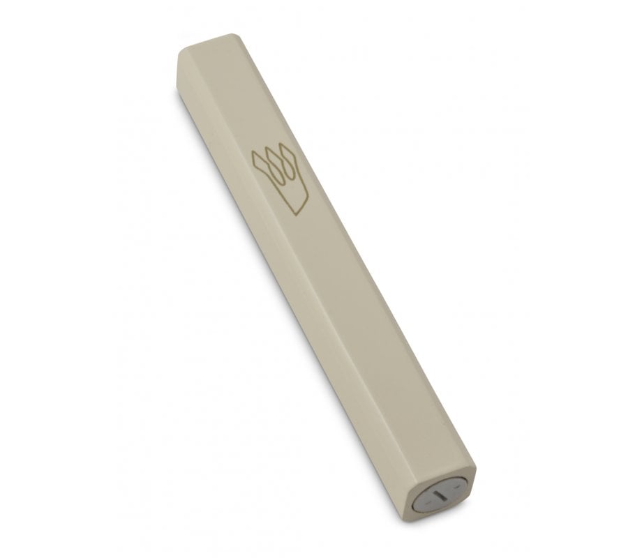 Cream Colored Wood Mezuzah Case with Gold Shin Outline
