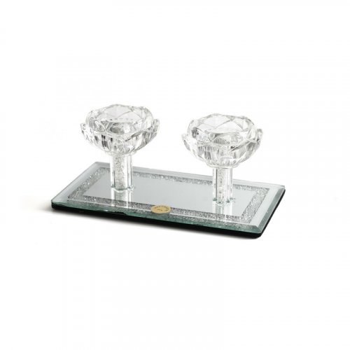 Crystal Glass Double Candlesticks, Flower Design - Rectangular Mirror Base