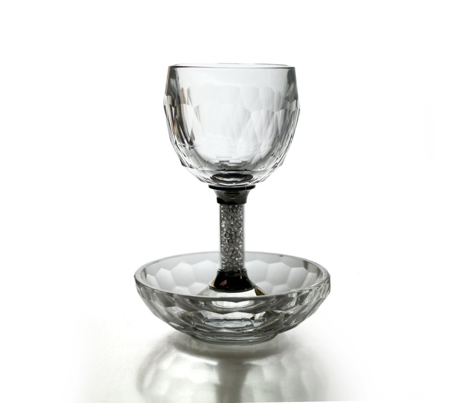 Crystal Glass Kiddush Cup and Plate with Crushed Glass Stem